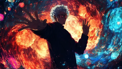 Elder sorcerer commands swirling cosmic fire and ice orbs