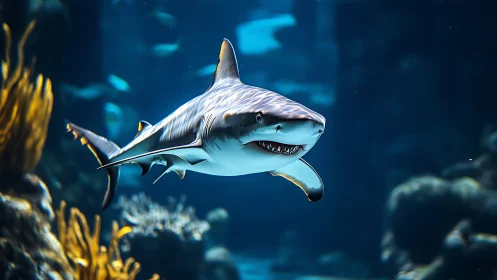 Curious reef shark gliding through a glowing blue ocean.