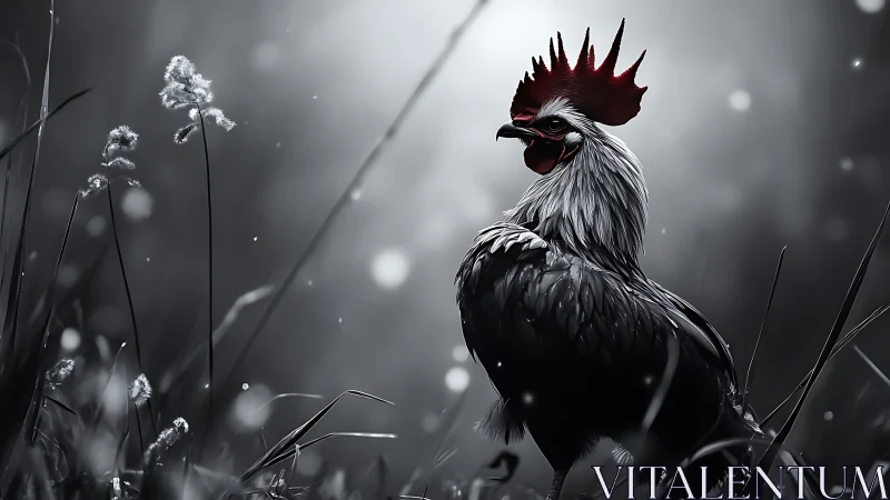 Lone Rooster in Misty Meadow with Crimson Crest.