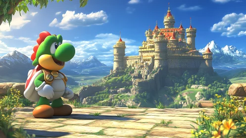 Green dragon hero overlooks radiant mountain castle