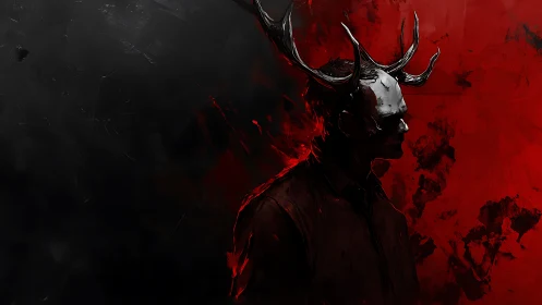 Horned masked figure emerges from blood red shadow field.