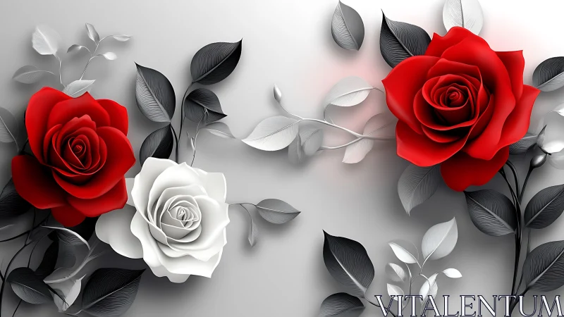Red and White Roses with Black Leaves on Gray Background