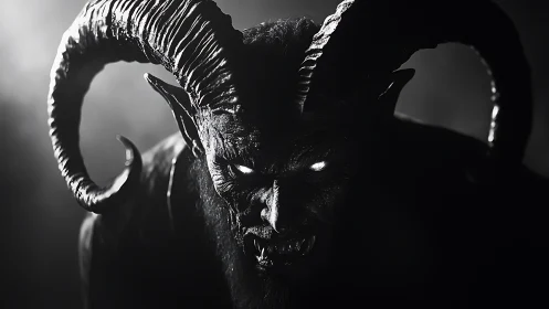 High-contrast monochrome demon portrait with volumetric rim lighting