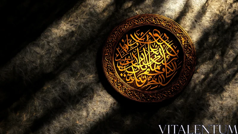 Golden calligraphy medallion glowing in patterned shadowed light.