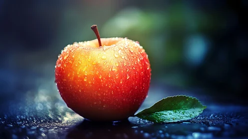 Photorealistic dewy apple still life on reflective surface.