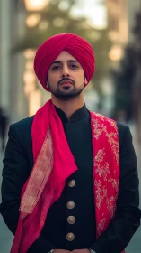 Graceful young man in vibrant red turban and stole.