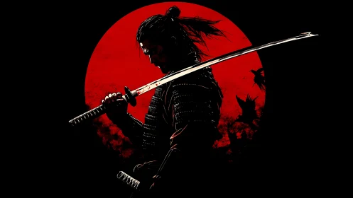 Silhouetted Samurai Before Red Sun Disc, High-Contrast Poster Art.