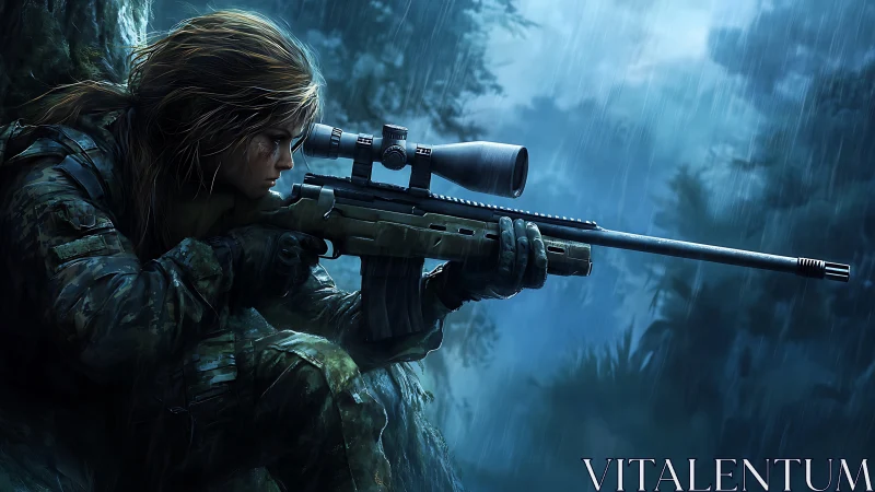 Sniper in camouflage aiming rifle in rain.