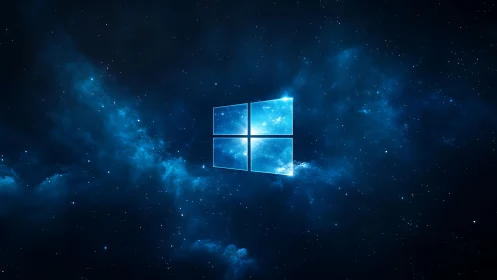 Glowing window emblem drifts in a deep cosmic nebula sky