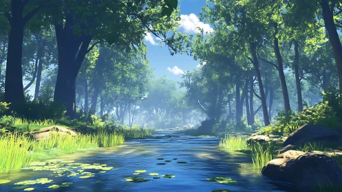 Serene Forest River Flowing Through Ancient Woodland Canopy.