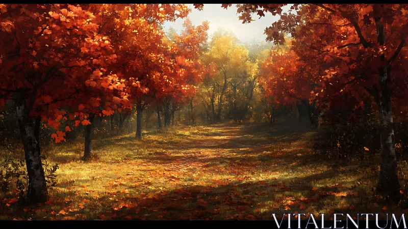 Radiant autumn woodland corridor under volumetric sunlight.