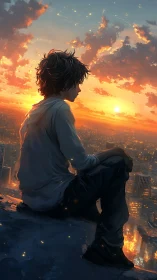 Teen sits on city rooftop watching bright sunset sky.