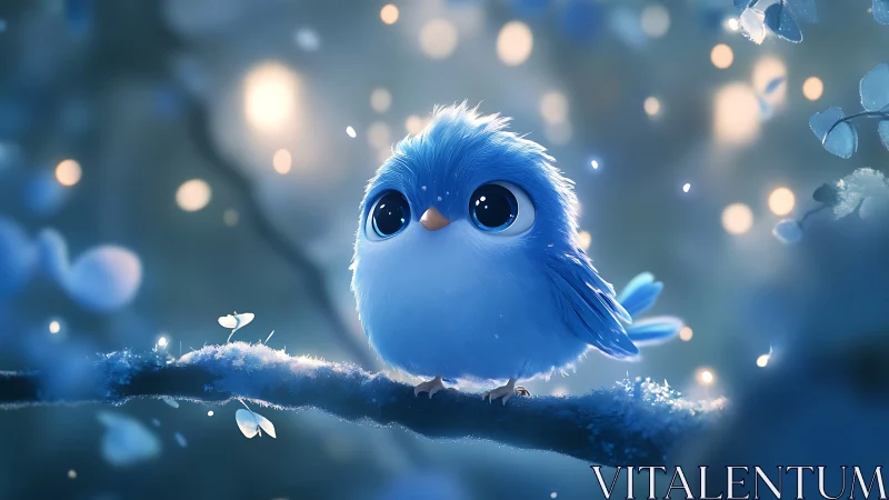 Whimsical Blue Bird on Frosty Branch in Dreamy Night Scene.