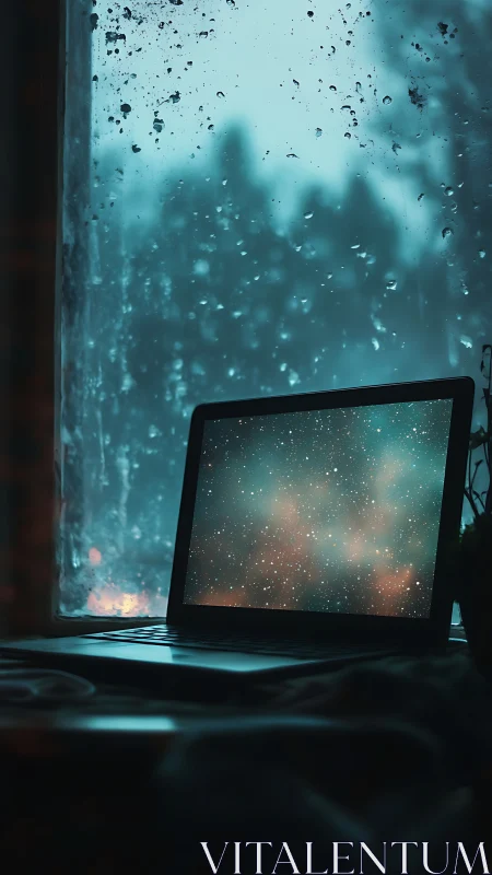 Open laptop by rain-covered window with starfield display.