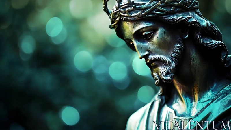 Quiet bronze figure in teal light, bowed in tender thought.