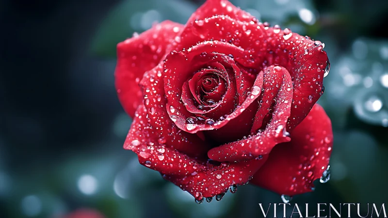 Red Rose Drenched in Morning Dew and Raindrops