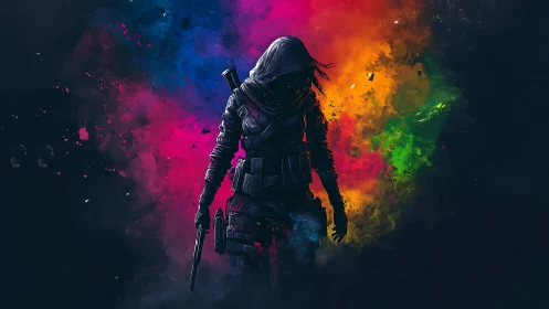 Armed hooded figure stands before multicolored smoke field