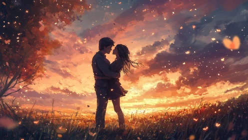 Two figures standing in field beneath dramatic sunset sky with particle effects