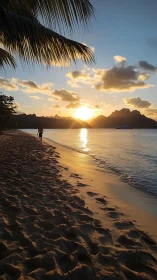 Tropical beach sunset with palm silhouettes and mountains.