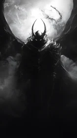 Midnight warlord rises calmly from swirling lunar shadow