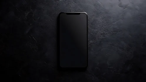 Black Smartphone with Notch Display on Dark Textured Surface