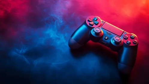 Gaming controller rendered with neon lighting and volumetric effects.