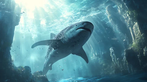 Whale shark glides above submerged ancient stone ruins