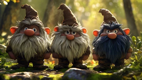 Forest trio of grumpy gnomes in honeyed morning light.