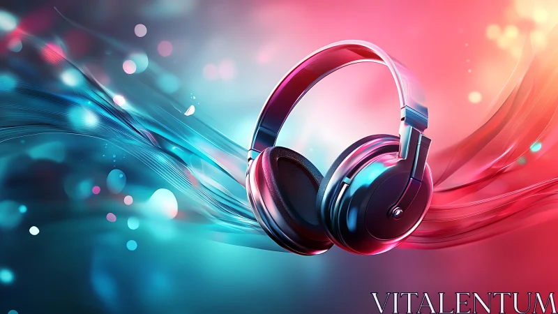 Neon headphones float in vibrant soundwave light streaks