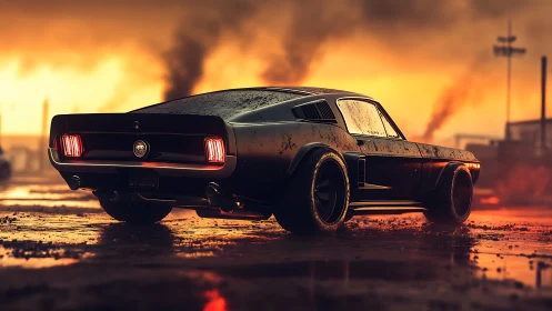 Aggressively tuned classic muscle car rendered in cinematic backlit mud