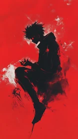 Dark anime silhouette in red abstract background.