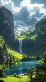 Mountain lake valley with tall waterfall and snowy peaks.