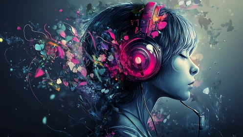 Girl with neon headset in abstract digital soundscape.