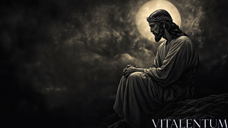 Solitary Christ prays beneath a brooding, moonlit sky