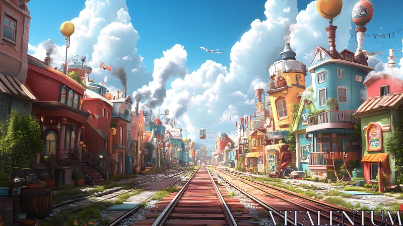 Colorful fantasy town street with central train tracks.