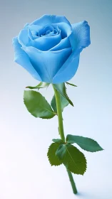 Single blue rose stem against soft gradient backdrop.