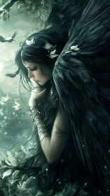 Midnight-winged forest muse listens to softly glowing silence