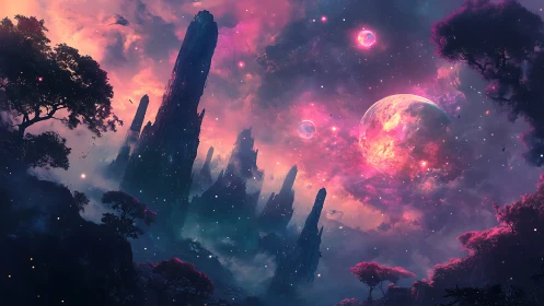 Stellar nebula skyline over alien spires in magenta dusk.