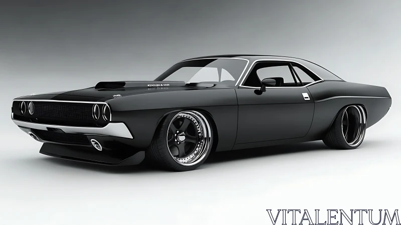 Low-slung black muscle car rendered in sleek 3D style.