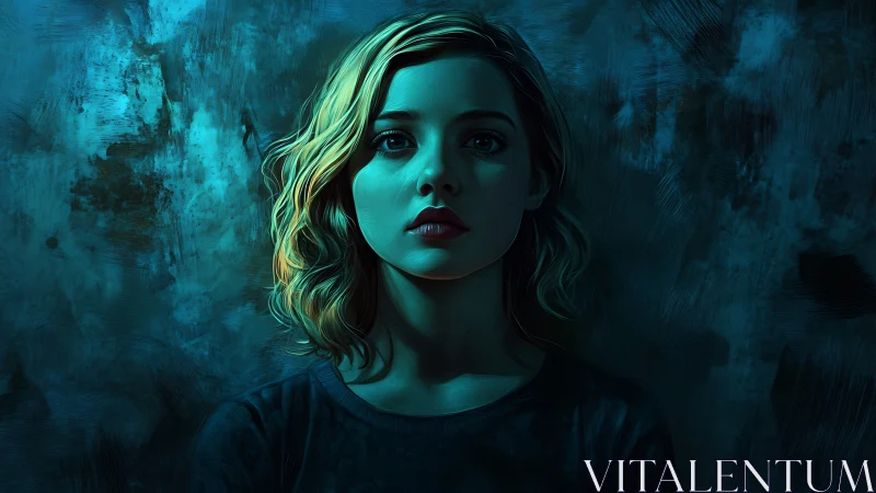 Moody teal portrait of a young woman in dramatic shadow.