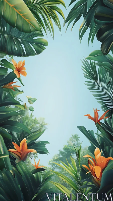 Sunlit jungle window framed by lush tropical leaves.