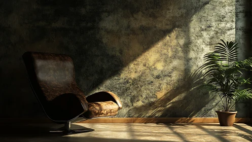 Sunlit leather lounge drifts through shadows and quiet dust