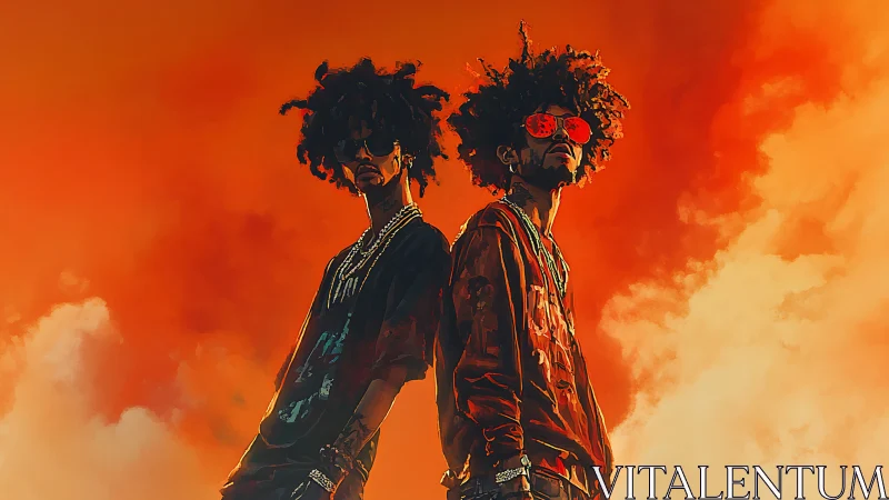 Twin flame silhouettes stride through a molten sunset sky