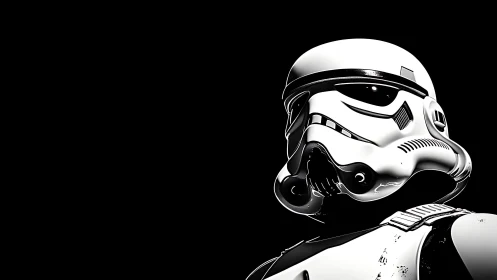 Bold sci fi armored figure stands in sharp monochrome light