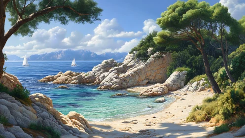Mediterranean Coastal Cove with Sailboats and Rocky Shoreline.