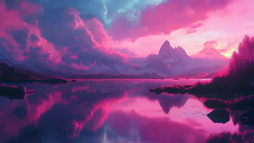 Dreamy pink mountains mirrored in a tranquil twilight lake.