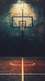 Rust-stained court and lone hoop under a brooding glow.