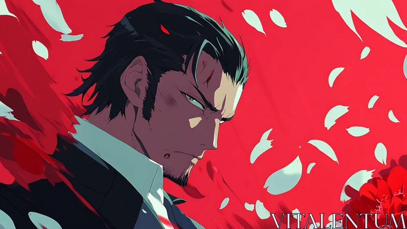 Anime portrait of stoic man with dynamic red petal field.