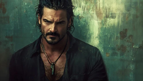 Bearded man with wet hair before textured green wall.