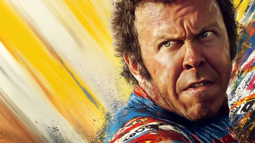 Hyper-detailed portrait of tense racer amid dynamic paint streaks